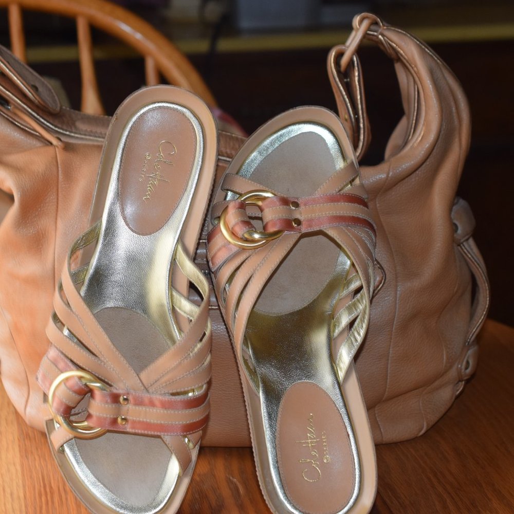 Cole Haan Multi Tan Leather Bag and Sandals Size 9 Nice!